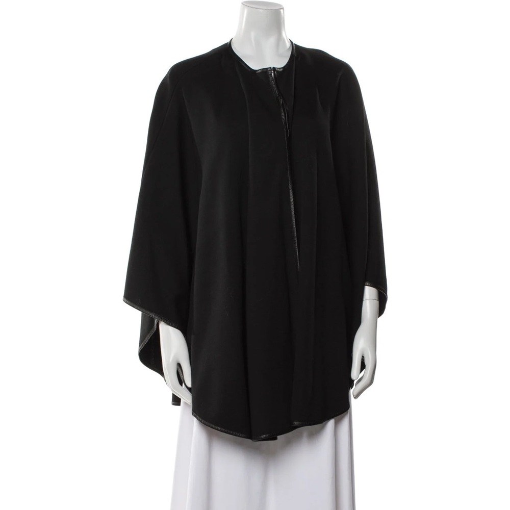 St. John Black Wool Blend Cape with Leather Trim M/L